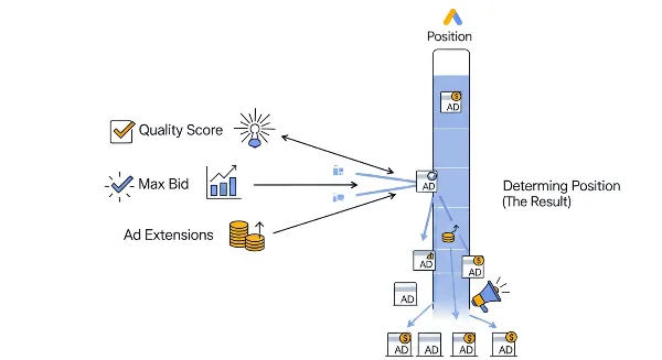 Fonctionnement du système d'enchères de Google Ads avec le Quality Score.