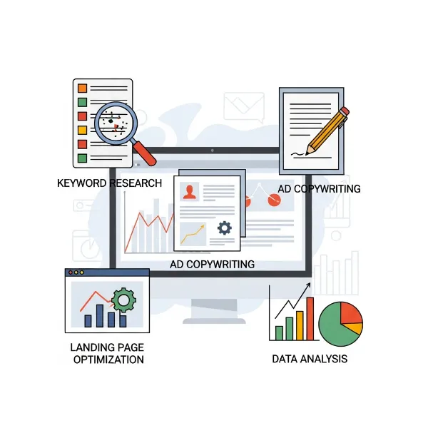 Les missions clés d'un consultant Google Ads : recherche de mots-clés, annonces, landing pages et tracking des conversions.