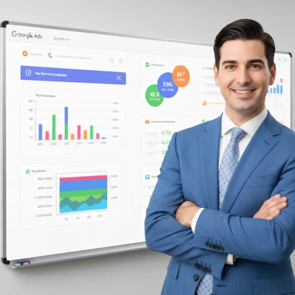 Consultant Google Ads analysant des données de performance pour optimiser les campagnes publicitaires.