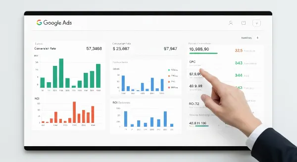 Tableau de bord Google Ads affichant des données d'analyse et des KPI pour l'optimisation des performances des campagnes.